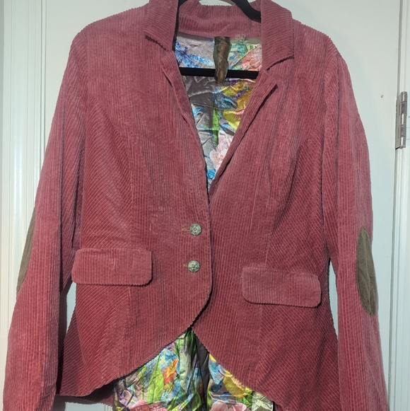 Aratta Anthropologie Pink Corduroy 'Alexander' Jacket Tan Elbows Floral Lined M - Picture 14 of 16